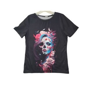 Mask and Roses Women's Masquerade Black Polyester Blend T-Shirt Size M